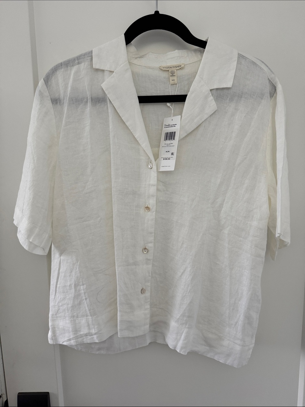Eileen Fisher White Linen Short-Sleeve Button-Down Shirt